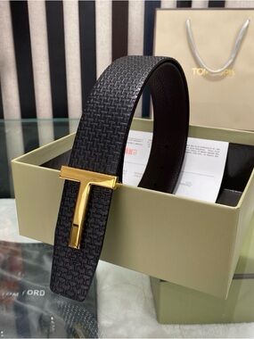 Tom Ford Black Cross-Textured Leather Belt with Gold T Buckle